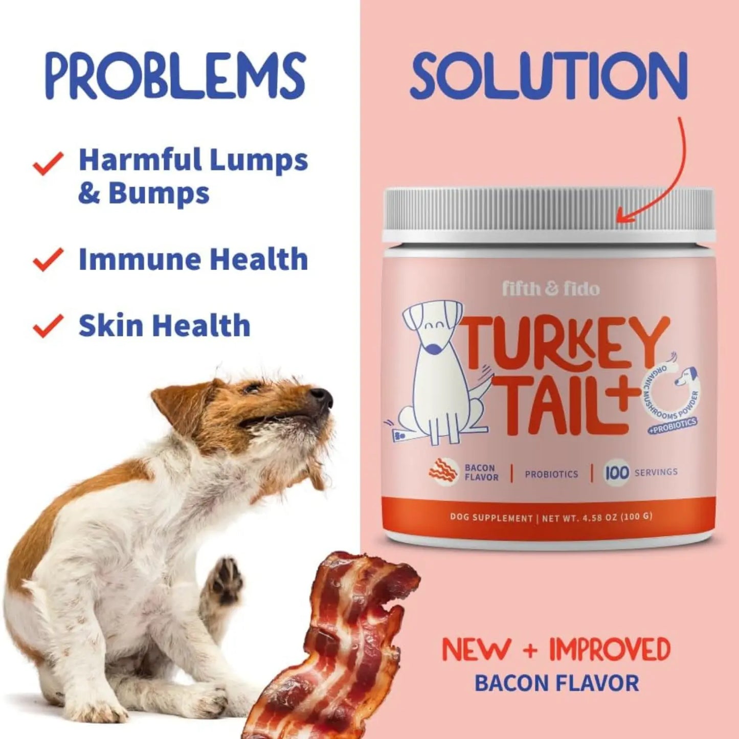 Fifth and Fido Turkey Tail+ Grain-Free Dog Food Topper - Bacon Flavor, Limited Ingredient, Probiotics, Puppy Food Supplement, 100 Servings, Aids Lipomas, Supports Immune & Gut Health, Natural Allergy Relief