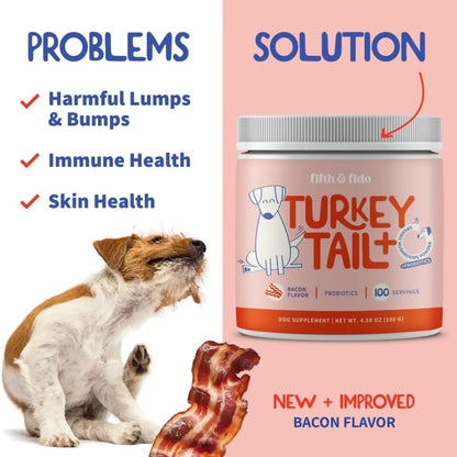 Fifth and Fido Turkey Tail+ Grain-Free Dog Food Topper - Bacon Flavor, Limited Ingredient, Probiotics, Puppy Food Supplement, 100 Servings, Aids Lipomas, Supports Immune & Gut Health, Natural Allergy Relief